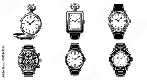 Collection of various vintage and modern watches in black and white illustration style.