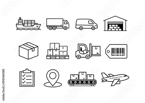 Supply chain logistics: cargo ship, freight truck, delivery van, warehouse building, cardboard box, pallet stack, forklift, barcode label, clipboard with checklist, location pin, conveyor