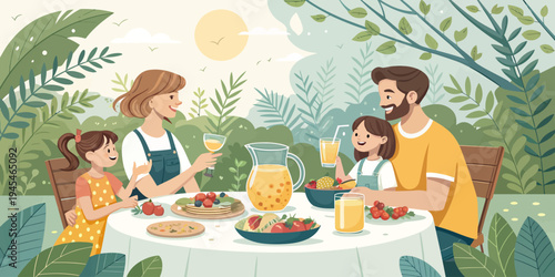 A happy family enjoying a meal together in a beautiful outdoor setting