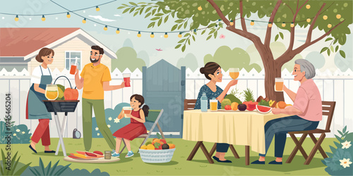 A family enjoys a backyard barbecue on a sunny day with a tree and string lights