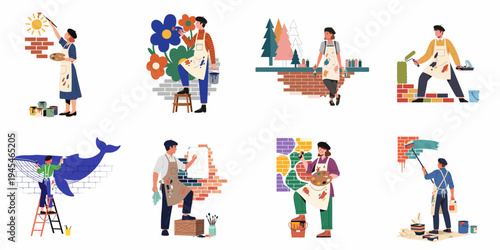 Flat Illustration Set of Diverse Artists and Muralists Creating Colorful Street Art and Large Scale Wall Paintings with Various Tools