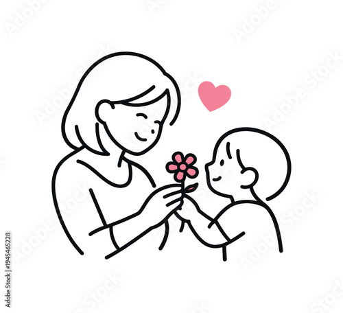 Mother's Day honoring the nurturing role of mothers and the emotional bond within families, a simple mother figure holding a small flower given by a child symbolizing gratitude, love, and