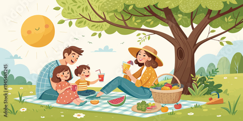 A happy family enjoying a picnic in a park under a tree