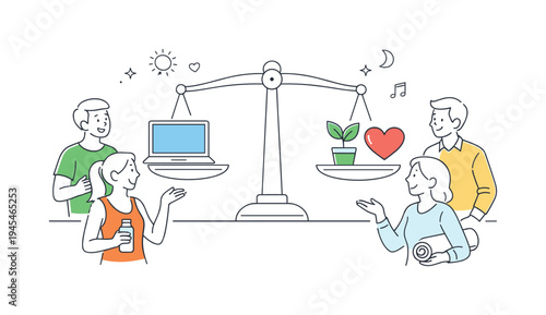 A group of individuals practicing healthy work-life balance by organizing personal priorities and wellness routines, standing around a large balanced scale where one side holds a laptop and