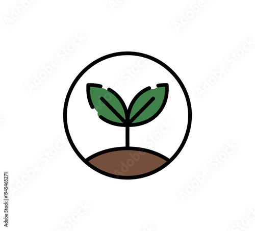 A minimalist vector graphic of a green plant sprout growing in brown soil, enclosed in a simple black circle on a white background.