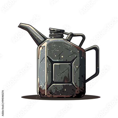 Vintage metal jerrycan, weathered and rusty, isolated on white background