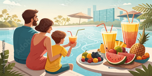 A family enjoys a refreshing drink by the pool on a sunny day