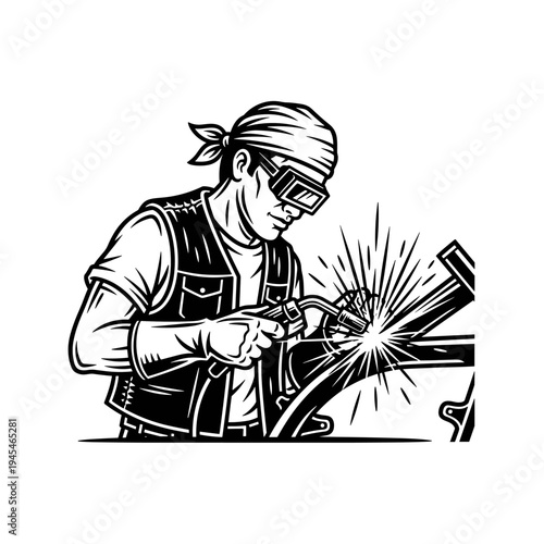 Welder working with sparks and equipment.