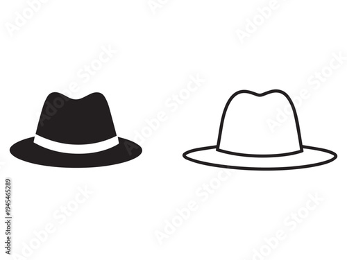 Two fedora hats one solid black with white band and one outlined in black on white background  simple illustration