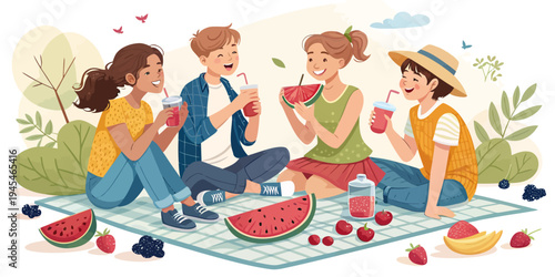 A group of friends enjoying a picnic in a park with food and drinks