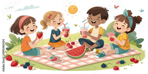 A colorful illustration of four happy children having a picnic on a blanket