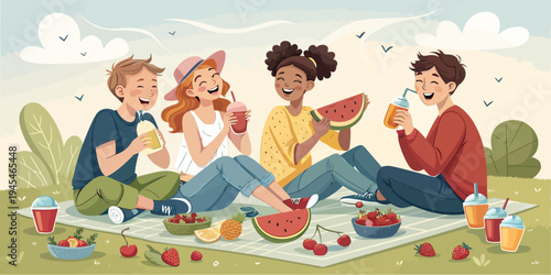 A group of friends enjoying a picnic in a park with food and drinks