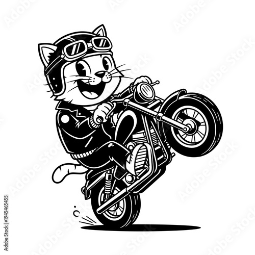 Cartoon Cat Rider Performing Motorcycle Wheelie.
