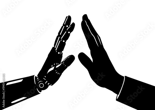 Robot and human hands giving high five silhouette, artificial intelligence collaboration concept.