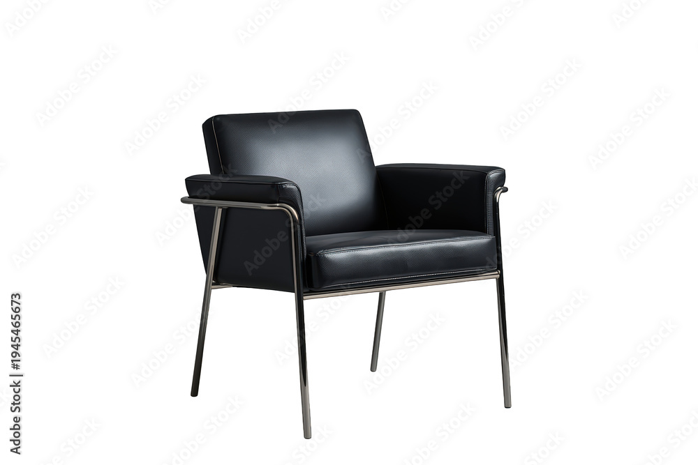 Obraz premium Black leather armchair featuring sleek chrome steel legs and armrests, ideal for contemporary office spaces or stylish home interiors