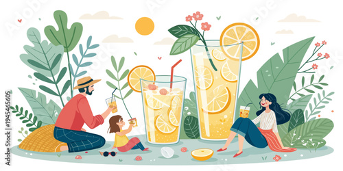 A family enjoys refreshing lemonade together in a beautiful outdoor setting
