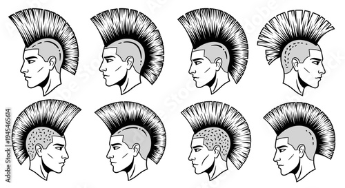 Collection of Punk Rock Mohawk Hairstyle Illustrations.