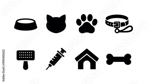 Pet care essentials: dog bowl, cat head silhouette, pet paw print, pet leash collar, grooming brush, veterinary syringe, pet house kennel, bone treat