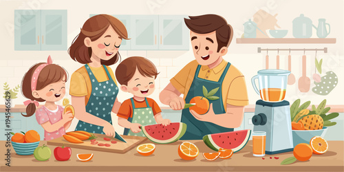 A happy family of four preparing fresh fruit in a modern kitchen together