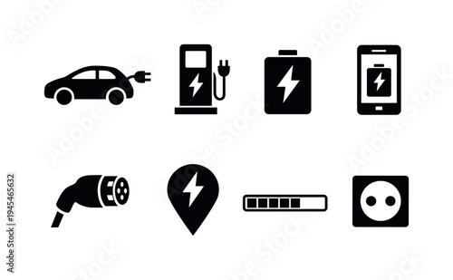 Electric vehicle charging: electric car with plug, charging station pillar, battery with lightning bolt, smartphone charging app, power cable connector, map pin charging point, charging