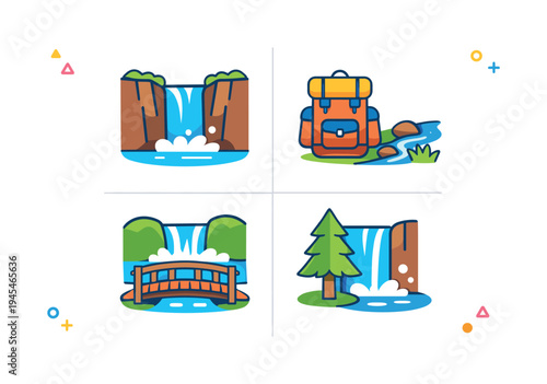 Waterfall adventure travel and outdoor exploration theme highlighting scenic hiking destinations and natural water landscapes, visualized through four icons including a waterfall flowing