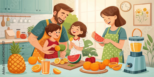 A happy family of four preparing fresh fruit in a modern kitchen together