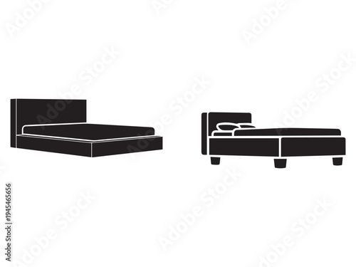 Two modern bed silhouettes with white outlines on white background  one with headboard and mattress and the other with headboard and pillows on the mattress