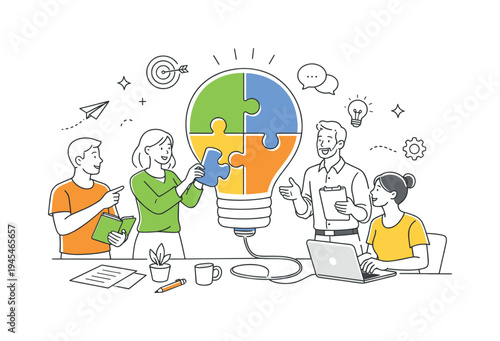 Young professionals organizing ideas during a collaborative innovation meeting while developing creative solutions for a new project together, visual metaphor of a large light bulb connected