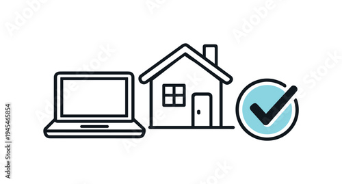 Focused remote work session and productive home office routine for modern professionals managing flexible schedules, a simple laptop placed beside a small house and a checkmark symbolizing