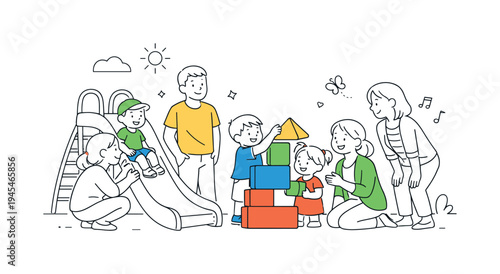 A group of parents and children enjoying a warm morning at a modern kindergarten playground while teachers supervise daily activities, gathered around a large simple slide and a colorful toy