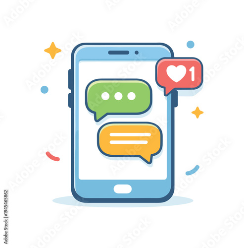 Digital communication and modern online connection between people using everyday mobile technology and messaging platforms, a smartphone displaying simple chat bubbles paired with a small