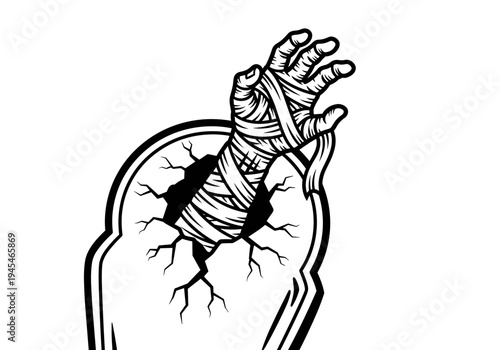 Mummy Hand Emerging From Cracked Tombstone.
