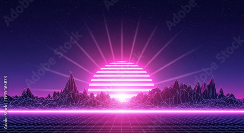 Retro Wave Sunset Over a Futuristic Mountain Landscape with Neon Grids
