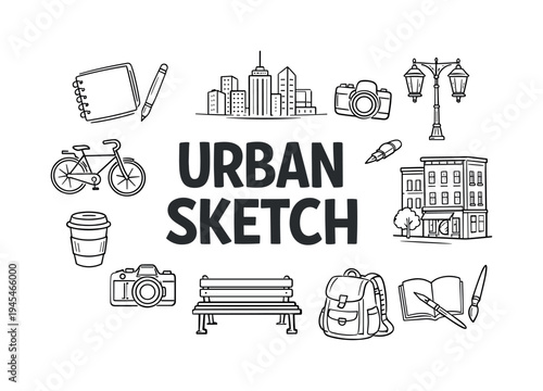 Urban sketching and creative city observation concept highlighting artists drawing architecture, streets and everyday life scenes while exploring urban environments with sketchbooks. URBAN