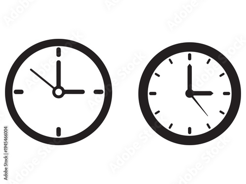 Two round analog clocks with black outlines and hands on white face showing different times side by side