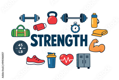 Healthy active lifestyle concept centered on strength training and gym workouts where people build muscle, improve endurance, and maintain overall physical fitness. STRENGTH title surrounded