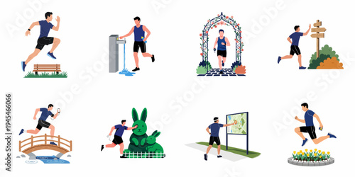 Set of Flat Vector Illustrations Depicting a Man Running and Jogging Through Various Scenarios in a Public Park