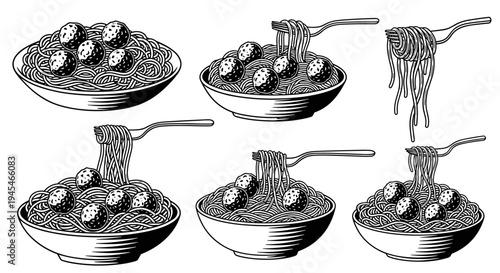 Vintage Spaghetti and Meatballs Illustration Set.