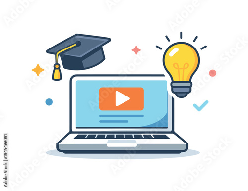 Online learning and continuous professional education through modern digital platforms enabling accessible skill development from anywhere, a laptop paired with a graduation cap and a