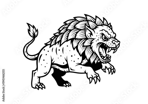 Fierce Mythical Beast Roaring with Sharp Teeth and Spiky Mane.