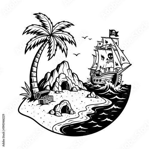 Pirate Ship Sailing Near Treasure Island with Open Chest.
