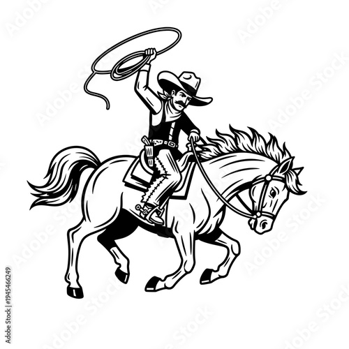 Black and White Cowboy Riding Horse with Lasso.