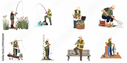 Set of flat vector illustrations showing diverse fishermen engaged in various activities like casting, catching fish, and organizing gear on a white background.