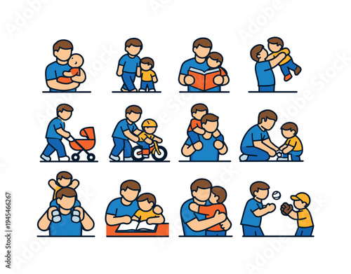 Father and parenting: father holding baby, father and child walking, father reading book to child, father lifting child, father pushing stroller, father teaching child to ride bicycle