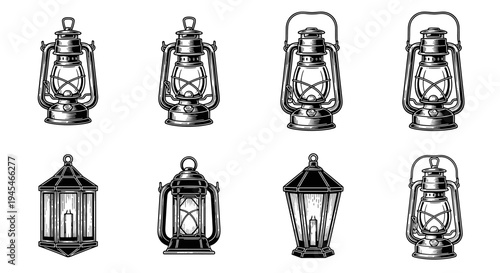Vintage Kerosene Lanterns Collection Hand Drawn Engraving Style.