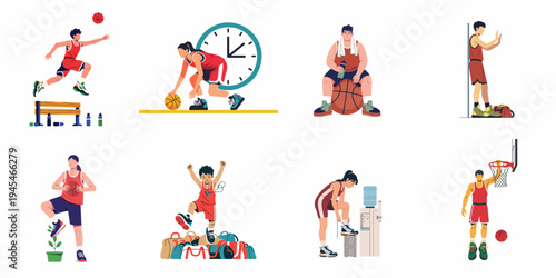 Set of basketball players and athletes in various scenes including training, resting, measuring height, and celebrating sports achievements on a white background.