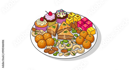 Vector illustration of assorted desserts on a plate