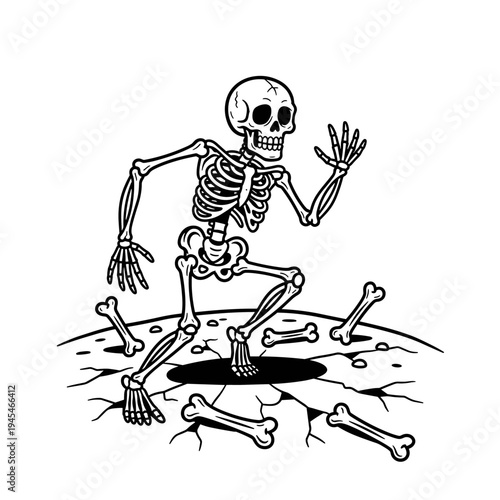 Running Skeleton Emerging from Ground with Bones Scattered.