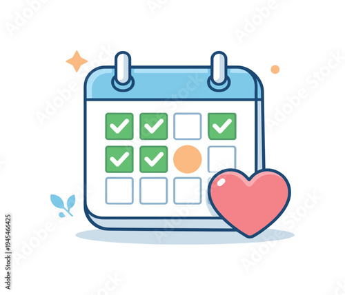 Healthy habit tracking and mindful daily routines supporting long-term personal wellbeing and balanced lifestyle improvement, a simple calendar page paired with a small heart icon