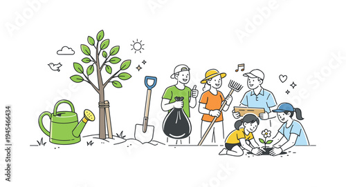 A group of neighbors organizing a weekend community effort to clean and restore a small local park for everyone to enjoy, visual metaphor of a large young tree beside a watering can and